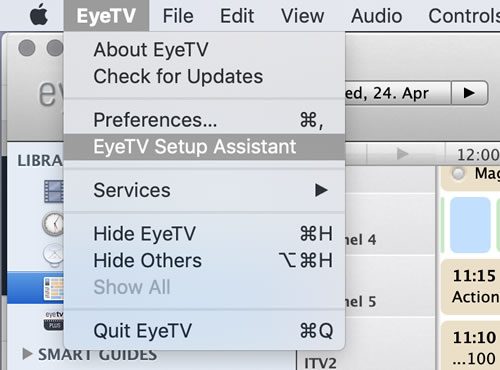 I then went through the setup assistant which is accessed through the EyeTV menu.