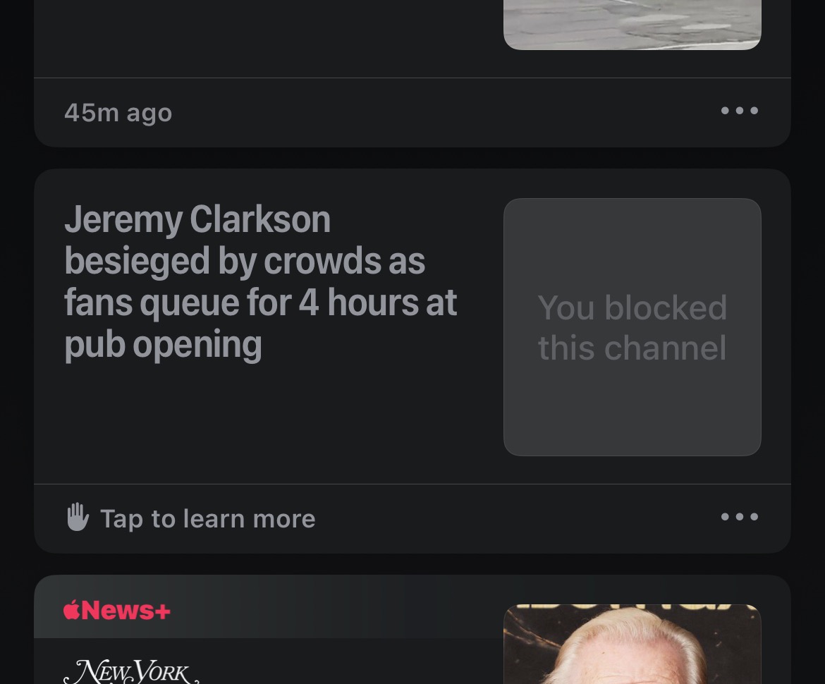 screenshot of Apple news saying "You blocked this channel"
